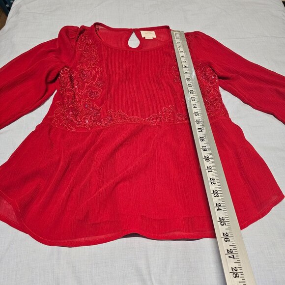 Maeve Anthropologie Embellished Top Blouse Women Size 12 Red Lined Chiffon - Picture 8 of 13